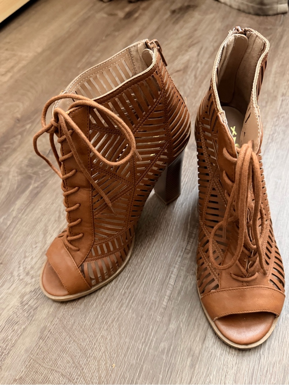 Mix No. 6 Tan Lace-Up Cutout Peep-Toe Heels